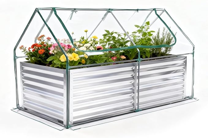 DUMOS Galvanized Raised Garden Bed with Cover, 6x3x2ft Metal Planter Box Outdoor for Deep-Rooted Vegetables Flowers Herbs, Garden Bed Mini Greenhouse for Patio Balcony Backyard, Open Bottom, Clear