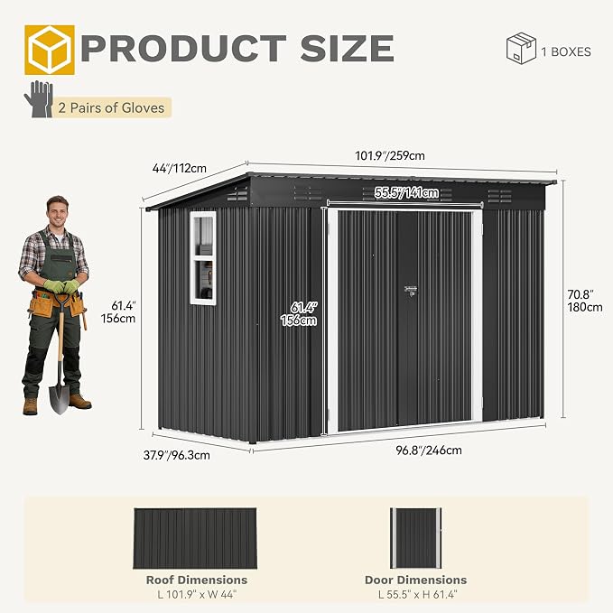 DWVO 8.5x3.5ft Large Tool Storage Shed with Window, Lockable Doors, and Sloped Roof, Oversized Steel Outdoor Storage Shed for Garden, Patio, Garage, Backyard, Lawn - Dark Gray