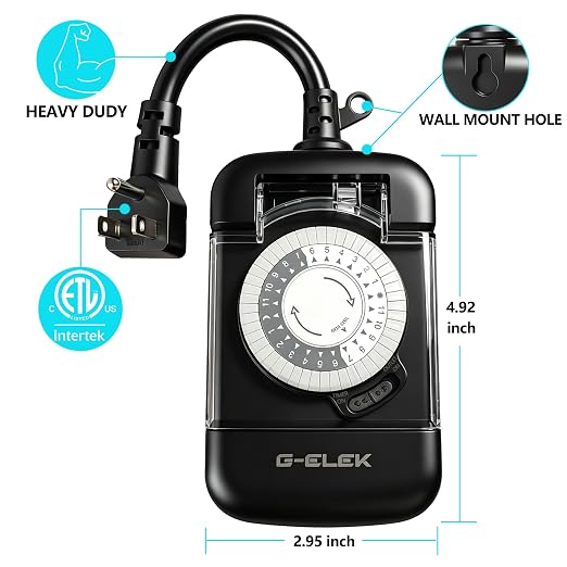 G-ELEK Outdoor Mechanical Timer Plug Waterproof, 24 Hour Daily Cycle, 30 Minute, 3 Prong Grounded 2 Outlets, Heavy Duty Programmable Socket for Christmas Patio Yard Pool Pump, ETL Listed