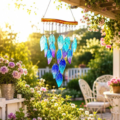 YU FENG 12.5 Inch Handmade Stained Glass Leaf Wind Chimes Window Decor | Unique Glass Chimes, Indoor Outdoor Hanging Ornament, Leaf Pattern Decoration for Patio Backyard Home