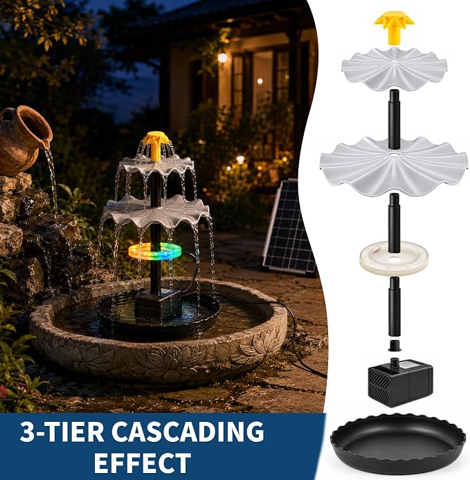 Yeomi 6W Solar Fountain Pump, Independent Solar Panel Water Fountain with 2 Spray Modes & 3 Nozzles, Built-in Filter for Garden, Patio, Pond Decoration