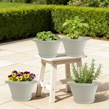 Quarut 12 Inch Pots for Plants,4 Pack Large Flower Pots with Saucer | Modern Planters for Indoor Outdoor Plants,Decorative Resin Garden Pots with Drainage Holes(Beige)