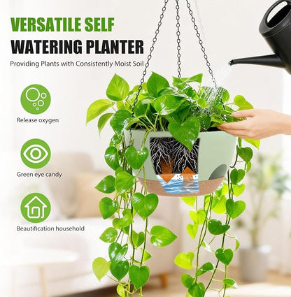 8 Inch Hanging Planters for Indoor Outdoor Plants, 4 Pack Green Brown Plastic Self Watering Hanging Baskets with Drainage Holes and Chain for Garden Porch