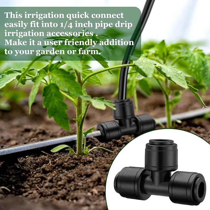 Weysat 50 Pack Quick Connect 1/4" Drip Irrigation Tee Connectors, Universal Fittings for 1/4 Inch Tubing, Leak Free Fitting for Sprinkler or Drip Irrigation System, Easy to Install for Gardens Farms