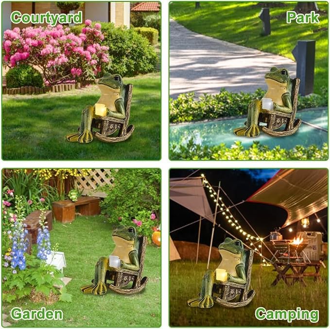 Banax Solar LED Frog Garden Outdoor Decor, Waterproof LED Garden Solar Ornaments Outdoor, Rocking Chair Frog Statue Decoration, Funny Outdoor Lights for Patio