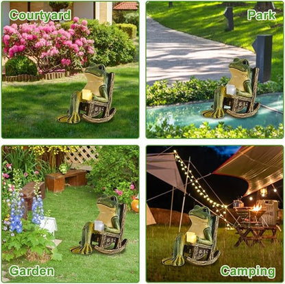 Banax Solar LED Frog Garden Outdoor Decor, Waterproof LED Garden Solar Ornaments Outdoor, Rocking Chair Frog Statue Decoration, Funny Outdoor Lights for Patio