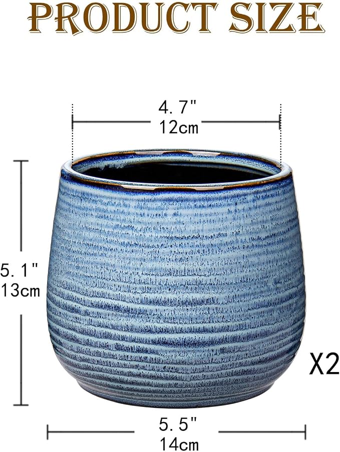 GnFlus Blue Ceramic Plant Pots 5.5 Inch Set of 2, Flower Plants Pot with Drainage Holes Blue Planter Garden Pot for Succulent Cactus Home Decoration Gift Indoor Outdoor