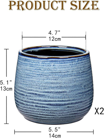 GnFlus Blue Ceramic Plant Pots 5.5 Inch Set of 2, Flower Plants Pot with Drainage Holes Blue Planter Garden Pot for Succulent Cactus Home Decoration Gift Indoor Outdoor