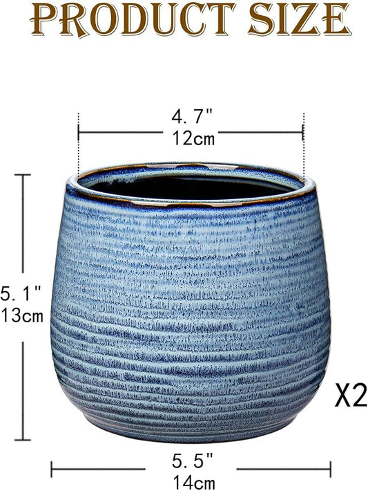 GnFlus Blue Ceramic Plant Pots 5.5 Inch Set of 2, Flower Plants Pot with Drainage Holes Blue Planter Garden Pot for Succulent Cactus Home Decoration Gift Indoor Outdoor
