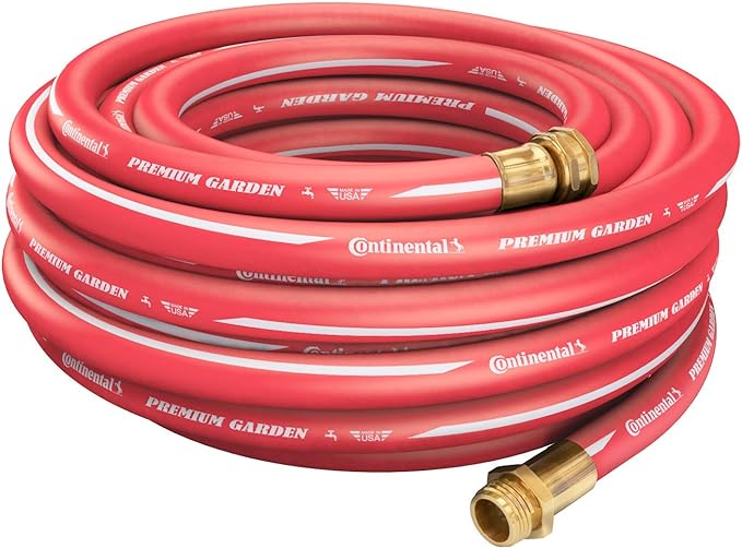 Continental Premium Garden Red Heavy Duty Hot Water Garden Hose, 5/8in Inside Diameter x 50ft Length, Male x Female Garden Hose Thread