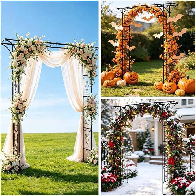 86" Garden Arbor Metal Arch Trellis for Climbing Plants with Standing Base | Outdoor Arbors Archway Pergola for Wedding Ceremony Party Decoration Flat Top Trellises for Rose Vine Backyard Lawn Patio