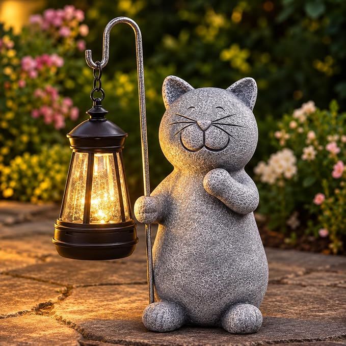 Qeeman Solar Cat for Garden Decor: Weatherproof Resin Statues | Warm Glow Lantern Outdoor Decoractions for Yard Pathway Patio Porch Balcony Front, Gifts for Mom Grandma Lovers