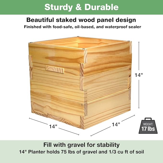 Large Decorative Wooden Planter with Universal Pole Support for String Light Poles, Umbrellas, Bird Feeders. Solid Wood Outdoor Garden Patio Box For Plants or Flowers, 14"x14"x14", Natural