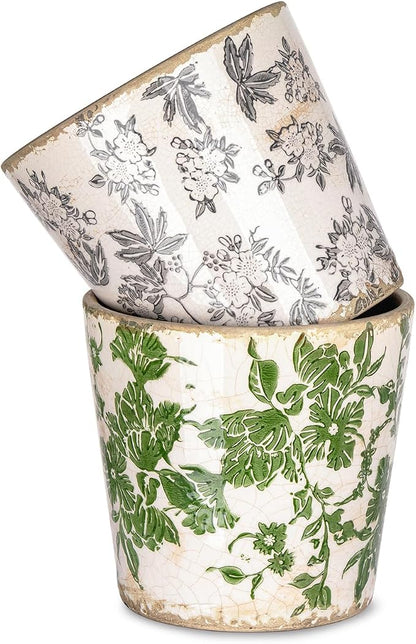 Sungmor Vintage Ceramic Planter Set of 2 - Decorative Indoor & Outdoor Flower Pots with Drainage Holes - Tuscan Décor Pots, 5.5" Ice Crackle Glaze Planters for Home, Kitchen, Patio, and Garden