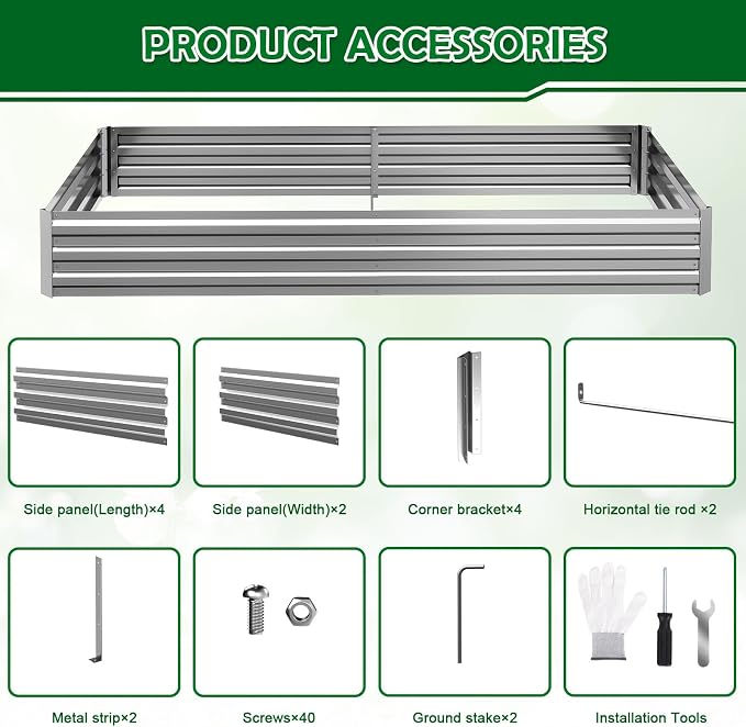 8x4x1FT Galvanized Raised Garden Bed, Metal Planter,Silver,2 Packs | Thick Galvanized Steel, Easy Assembly,Outdoor Patio,Open Bottom,Smooth Surface,Planter Kit for Vegetables, Herbs, Flowers