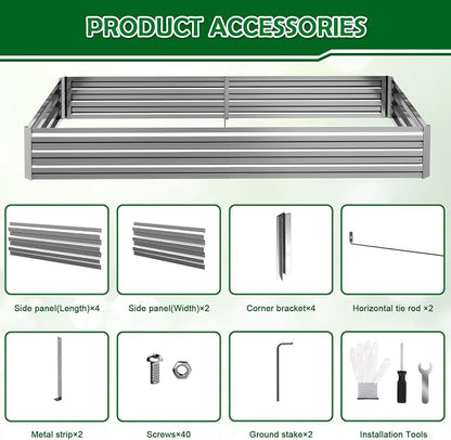 8x4x1FT Galvanized Raised Garden Bed, Metal Planter,Silver,2 Packs | Thick Galvanized Steel, Easy Assembly,Outdoor Patio,Open Bottom,Smooth Surface,Planter Kit for Vegetables, Herbs, Flowers