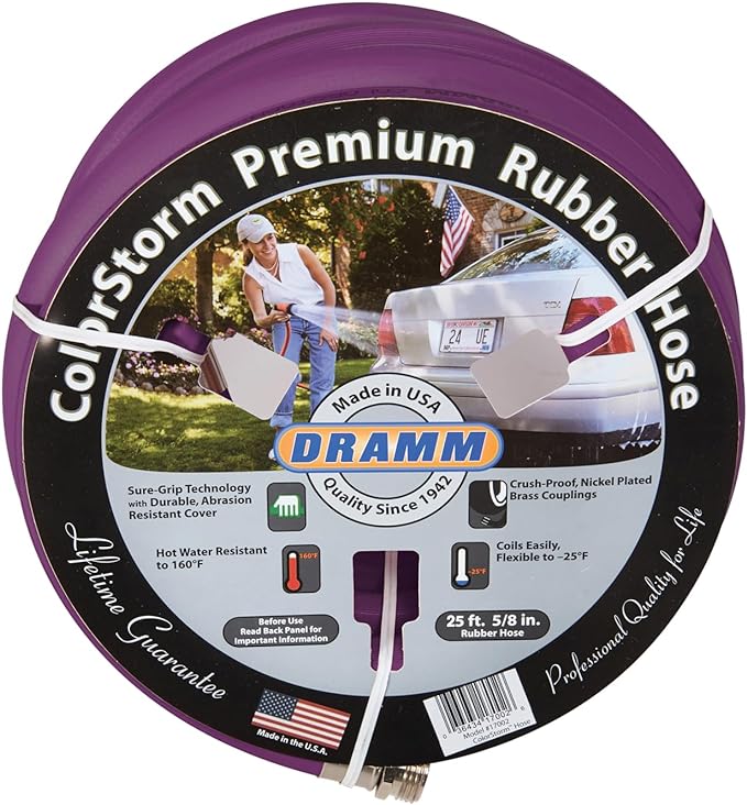 Dramm ColorStorm Premium Rubber Garden Hose – 50 ft Heavy Duty 5/8" Water Hose – Kink Resistant, Crush-Proof Nickel-Plated Couplings – Made in USA - Berry