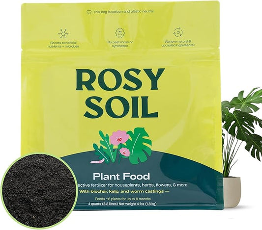 Rosy Soil Plant Food, Organic Fertilizer for Indoor Plants, 4 Quarts | Microbially Active Organic Indoor Plant Food, with Biochar, Kelp, Worm Castings, For Houseplants, Herbs & Flowers