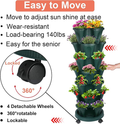 GameXcel Vertical Planter, 7 Tier Stackable Strawberry Planter with Garden Tool Set, Movable Indoor/Outdoor Garden Herb Pot for Growing Vegetables and Succulents, Green