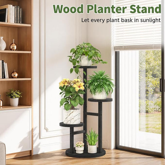 LASZOLA 3 Tiered Wood Plant Stand Indoor Corner, Flower Holder Rack Tall for Multiple Plants, Rustic Planter Shelf Display for Patio Garden Balcony Living Room, Black