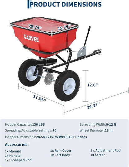 Tow Behind Broadcast Spreader, 125 LBS Large Capacity Universal Hook Tow & Push Lawn Spreader, 9.8 ft Spreading Width 30 Adjustable Settings, Compatible with UTV ATV Riding Mower & Most Tractors