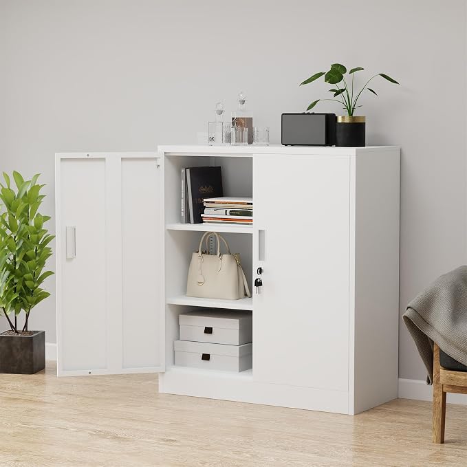 iJINGUR Metal Storage Cabinet with Locking Doors and 2 Adjustable Shelves, Small Lockable Storage Cabinet for Home Office Garage (White)