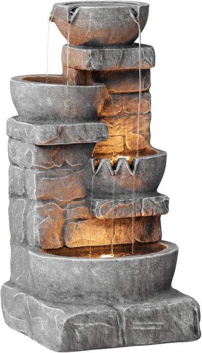 Teamson Home 33" Outdoor Water Fountain with LED Lights | 3-Tier Cascading Bowls, Weather-Resistant Resin, Garden Water Feature, Stone Gray