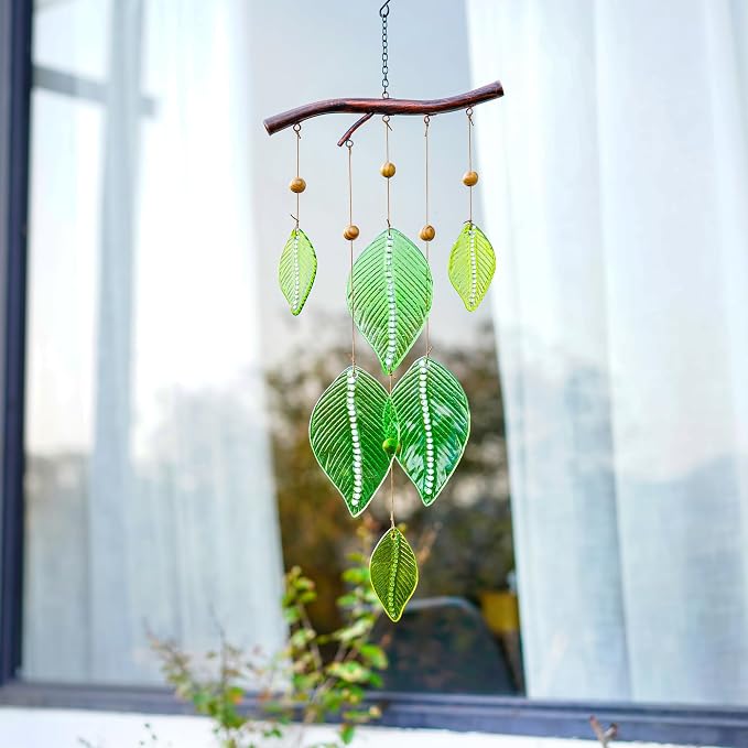 YU FENG 20 Inch Green Stained Glass Wind Chimes with Leaves Outdoor Decor | Handmade Glass Wind Chime, Leaf Forest Ornament, Rainbow Light Effect, Garden Yard Window Hanging Decoration