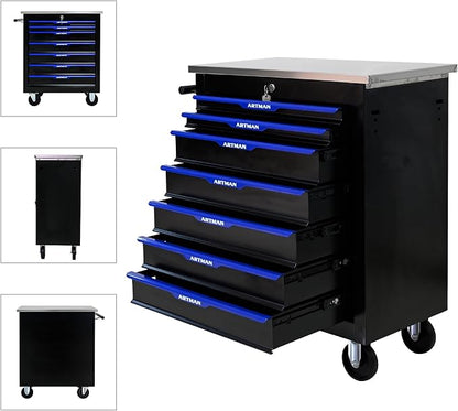 7-Drawer Rolling Tool Chest, Lockable Stainless Top for Garage, Black&Blue | Heavy Duty Modular Roll Around Tool Cabinet with Drawers for Workshop and Tool Box Storage