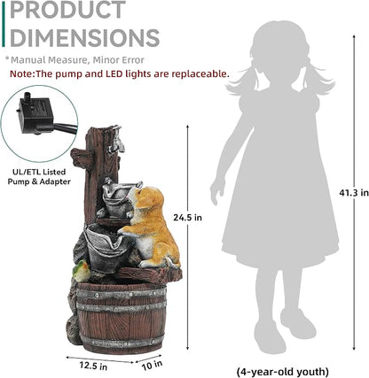 24.5" Puppy & Green Bird Outdoor Fountain with LED Lights | Pastoral Buckets & Wooden Barrel Water Feature, 3-Tiers Soothing Cascading Waterfall for Patio, Backyard, Garden