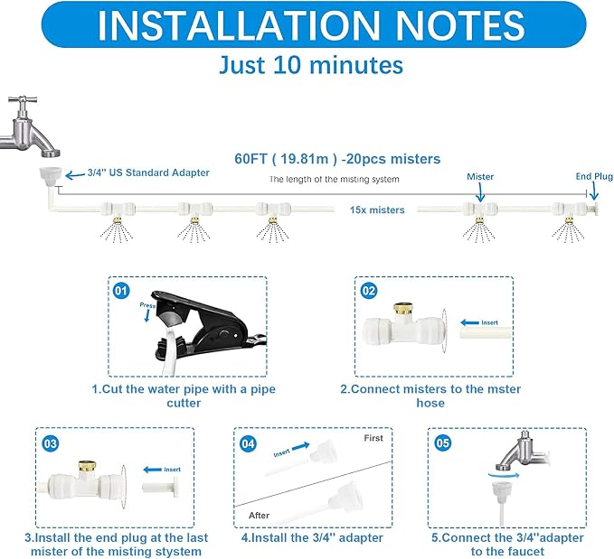 Mister System for Outside Patio, White Misting Kit for Backyard, 65Ft (20M). Outdoor Cooling Mist for Outside Garden, Deck, Umbrella, Canopy, Pool, Porch,Greenhouse, Trampoline Sprinkler, Kids, Park