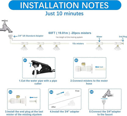 Mister System for Outside Patio, White Misting Kit for Backyard, 65Ft (20M). Outdoor Cooling Mist for Outside Garden, Deck, Umbrella, Canopy, Pool, Porch,Greenhouse, Trampoline Sprinkler, Kids, Park