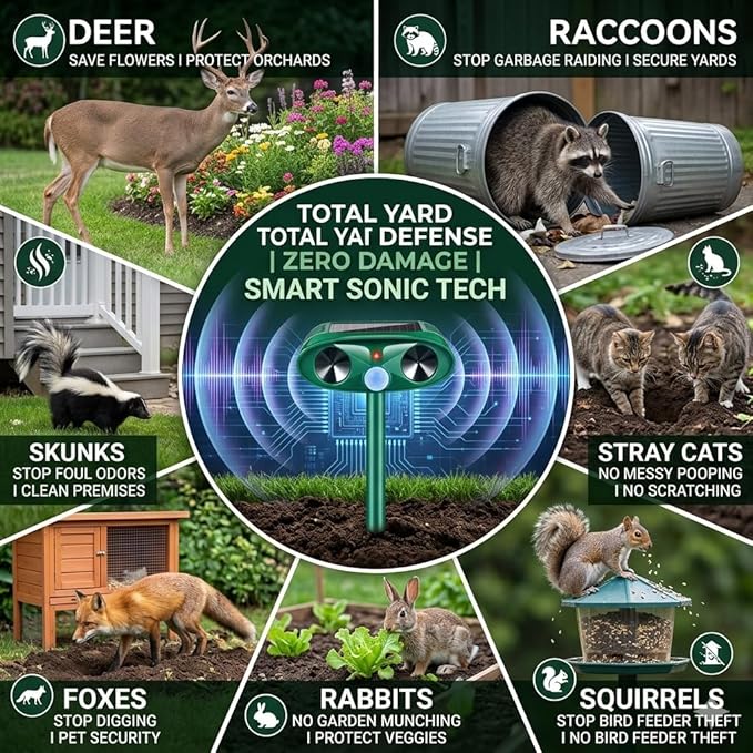Ultrasonic Deer Repellent Device for Plants Garden Solar Animal Repellent Outdoor with Motion Activated for Rabbit Cat Deterrent Raccoon Squirrel Fortress Pro Keep Pest Out of Yard,2 Pack