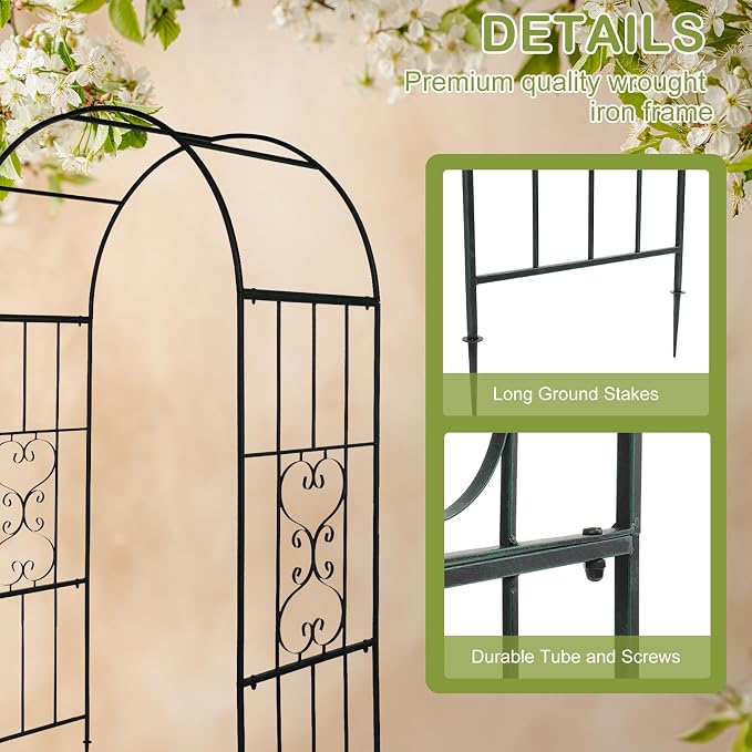Outvita 7.3FT Black Metal Garden Arch Arbor Trellis for Climbing Plants | Heavy duty decorative archway with ground stakes, outdoor vine support decor for lawn, patio, wedding & party decoration