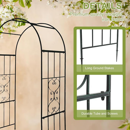 Outvita 7.3FT Black Metal Garden Arch Arbor Trellis for Climbing Plants | Heavy duty decorative archway with ground stakes, outdoor vine support decor for lawn, patio, wedding & party decoration