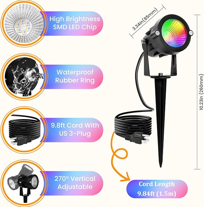 Halloween Christmas Spotlights Outdoor: RGBW Spot lights Plug in 120V Remote Control 16 Color Changing Waterproof LED Landscape Spotlights for Yard Garden Lawn Holiday Décor, 6 Pack (RGB + Warm Light)