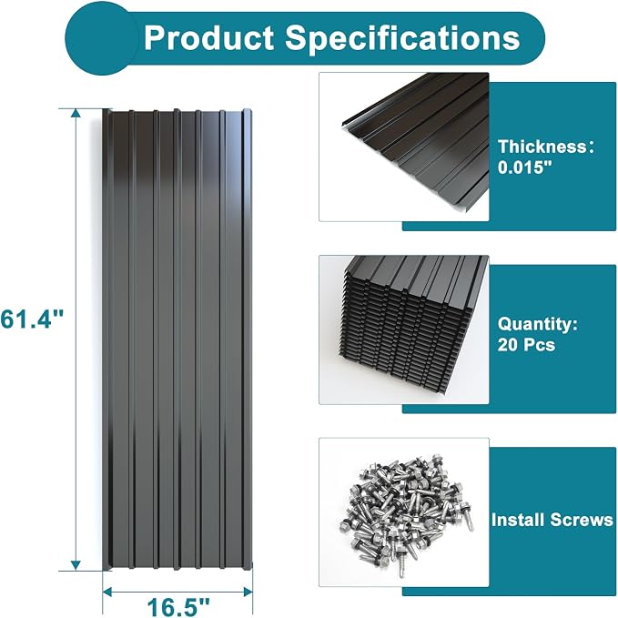 NeatiEase 20 Pcs Metal Roofing Panels, 5.1 Feet Corrugated Galvanized Roofing Panels Metal Siding Panels with Steel Screws for Pergola, Gazebo, Shed, Outdoor Storage, Chicken Coop,Garages (Black)