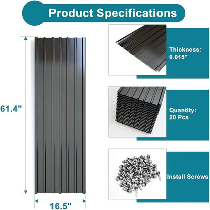 NeatiEase 20 Pcs Metal Roofing Panels, 5.1 Feet Corrugated Galvanized Roofing Panels Metal Siding Panels with Steel Screws for Pergola, Gazebo, Shed, Outdoor Storage, Chicken Coop,Garages (Black)