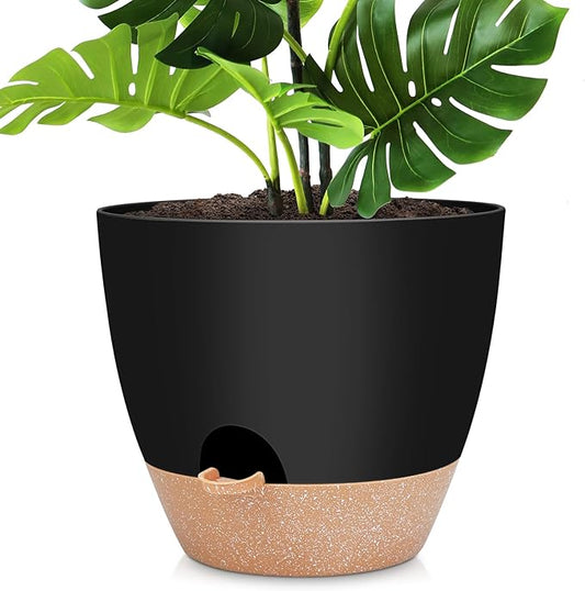 YNNICO 12 inch Large Self Watering Plant Pots, Flower Pots Planters with Multi Mesh Drainage Holes for Indoor Outdoor Garden Plants and Flowers.（Black）