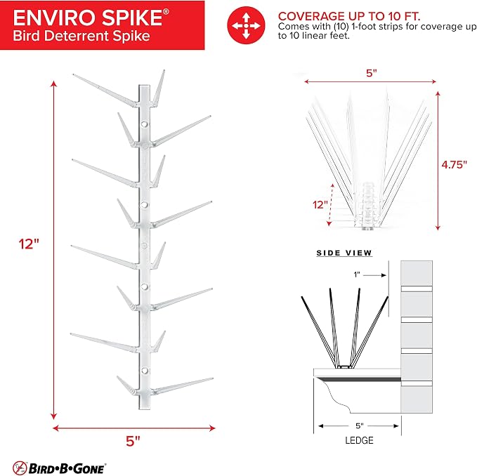 Bird B Gone - EnviroSpike Plastic Anti Bird Spikes (10' Kit) - Humane Deterrent - Stops Pigeons & Birds from Roosting - UV-Stabilized Polycarbonate - for Rooftops, Ledges, Fences, Etc - Made in USA