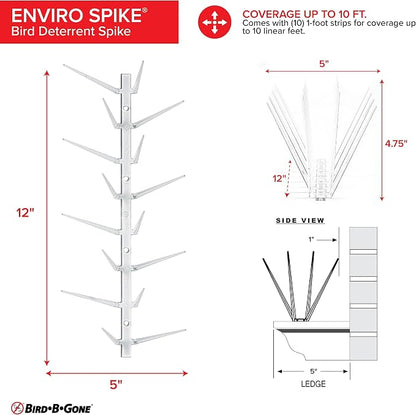 Bird B Gone - EnviroSpike Plastic Anti Bird Spikes (10' Kit) - Humane Deterrent - Stops Pigeons & Birds from Roosting - UV-Stabilized Polycarbonate - for Rooftops, Ledges, Fences, Etc - Made in USA