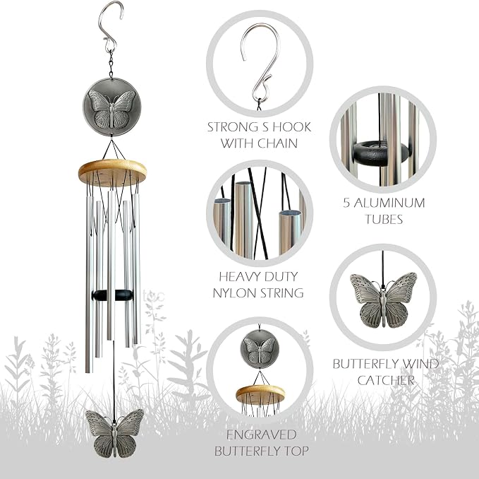 Butterfly Wind Chimes for Outside,29 "29 "Outdoor Wind Chime Butterfly Gifts for Women/Mother/Father/Christmas,Unique Windchimes Outdoors Butterfly Garden Patio Home Yard Decor(Silver)