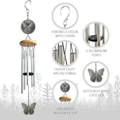 Butterfly Wind Chimes for Outside,29 "29 "Outdoor Wind Chime Butterfly Gifts for Women/Mother/Father/Christmas,Unique Windchimes Outdoors Butterfly Garden Patio Home Yard Decor(Silver)