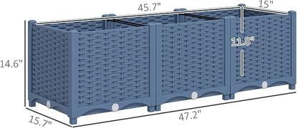 Outsunny 4 x 1 x 1 ft Raised Garden Bed, Indoor Outdoor Plastic Planter Box with Drainage Holes, Drain Plugs and Water Reservoirs for Vegetables, Herbs, Flowers & Succulents, Blue