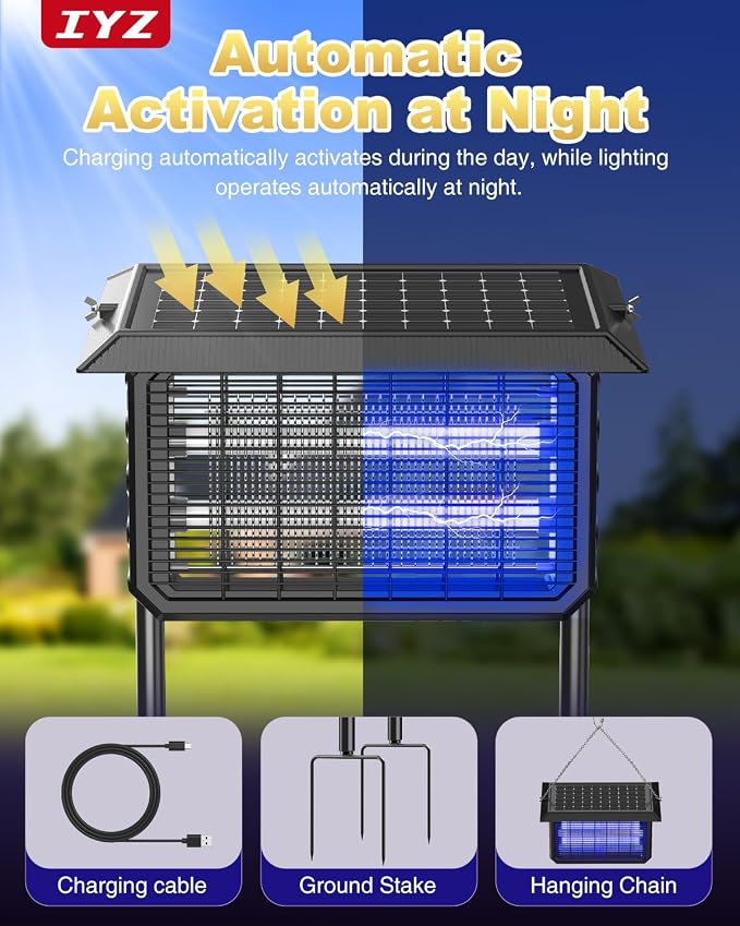 Solar Bug Zapper Outdoor,Solar Powered Bug Zapper Solar Mosquito Zapper Cordless Fly Trap with Dual Power & 6000mAh Battery, Solar Mosquito Zapper Outdoor for Backyard, Patio, Garden, RV, Camping