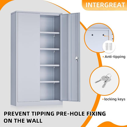 INTERGREAT Metal Storage Cabinet with Doors, 72" Locking Steel Storage Cabinet with Shelves, Tall Metal Cabinet Lockable Steel Cabinets for Home Office, Garage,(Cement)