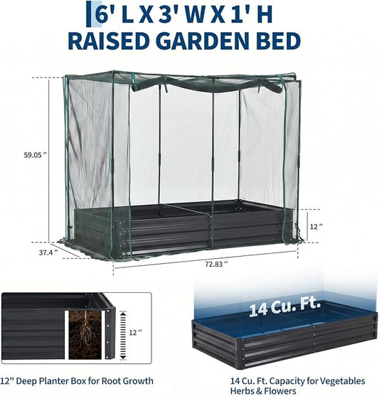 6x3x1Ft Galvanized Raised Garden Bed Kit w/Self Watering Irrigation & Mesh Cover, Metal Bottomless Raised Planter Box for Veggies Herbs Flowers, Rustproof Elevated Garden Bed Backyard Patio Farm