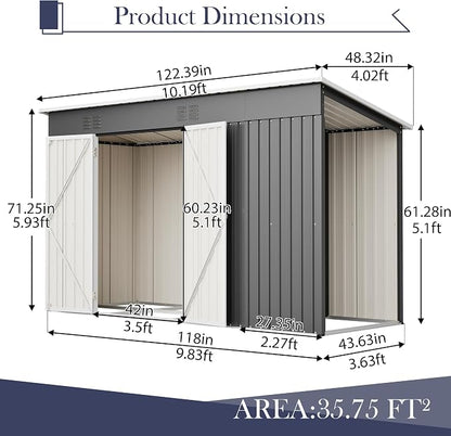 YOPTO 10x4 FT Outdoor Storage Shed, Metal Sheds with Floor Base & Open Firewood Storage,Steel Garden Shed with Lockable Doors,Sloped Roof,Windows, 2 in 1 Large Tool Shed for Patio, Backyard, Lawn.Gray