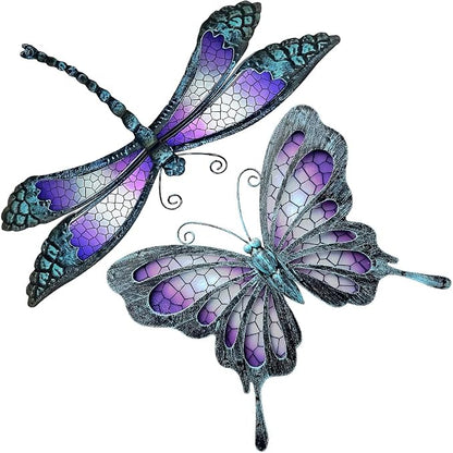 Metal Butterfly & Dragonfly Outdoor Wall Decor Art Set of 2 | Glass & metal wall sculptures, metal wall art for garden fence patio yard bedroom