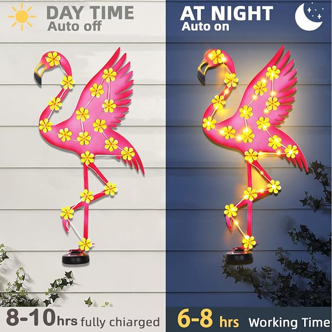 2 Pack Metal Flamingo Outdoor Wall Decor with 30 Led Solar Lights- 23.2" Outdoor Fence Wall Art Decor, Gift for Mom Grandma Women Birthday Gardening,Hanging Decoration for Garden Patio Porch Yard